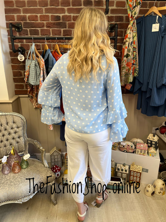 Melissa blue polka dot tie front blouse sizes 12, 14 and 16