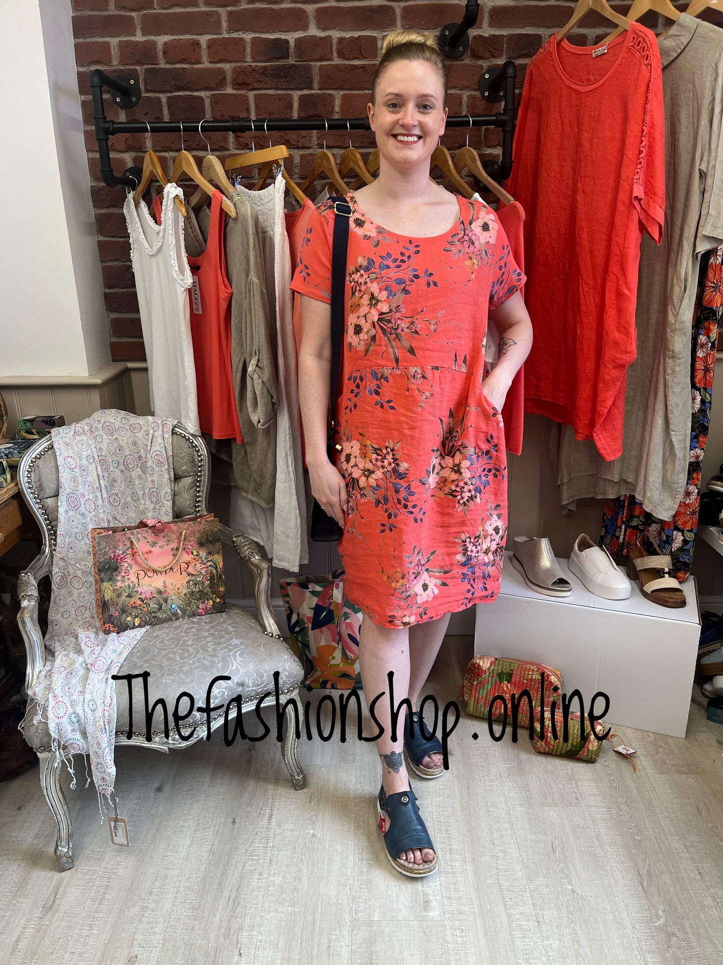 Katrina floral coral linen dress 12-16