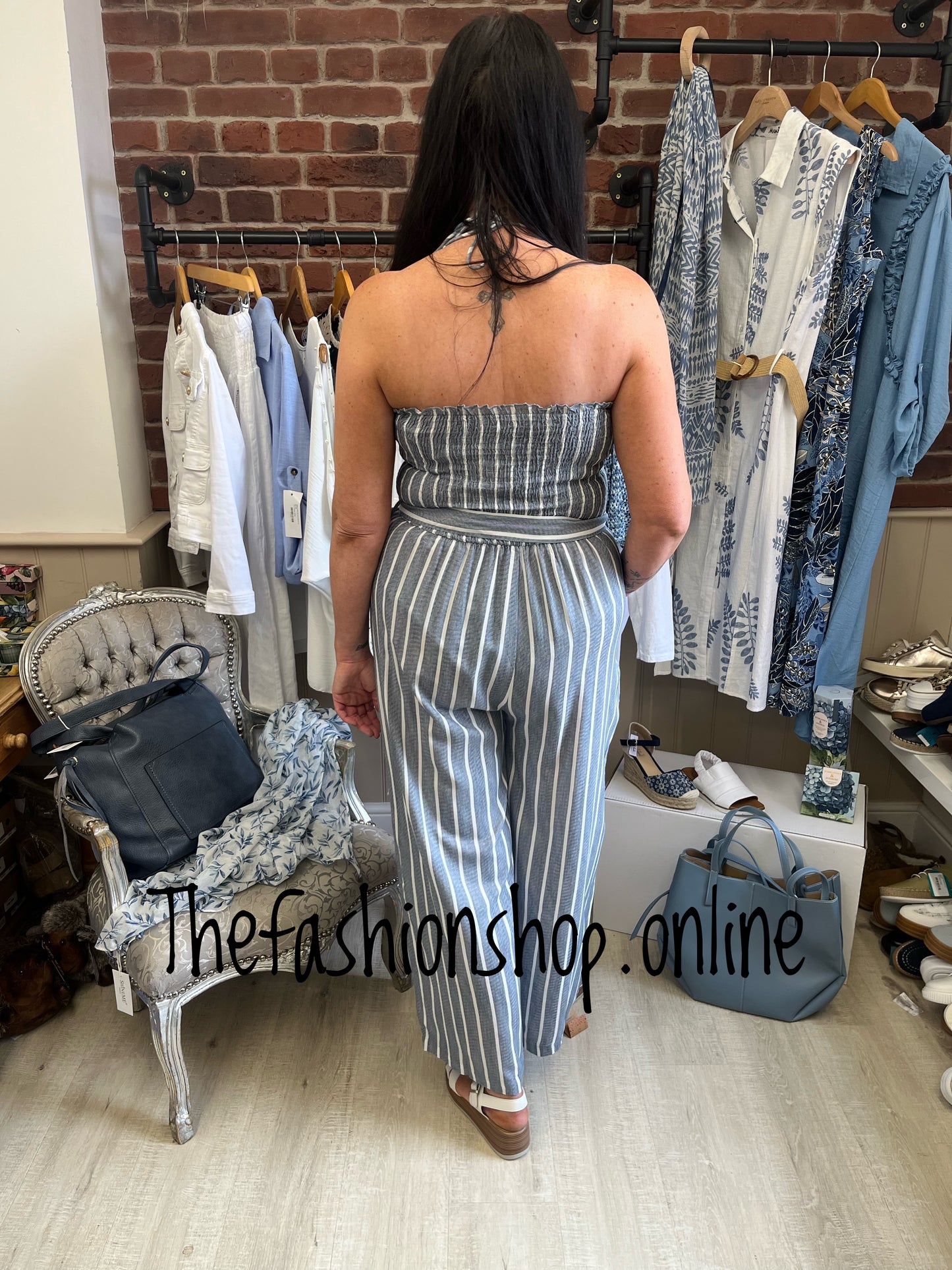 Nancy denim blue pinstripe jumpsuit sizes 12, 14 and 16