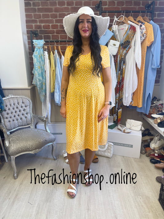 Yellow ditsy floral summer jersey stretchy dress sizes 12-18