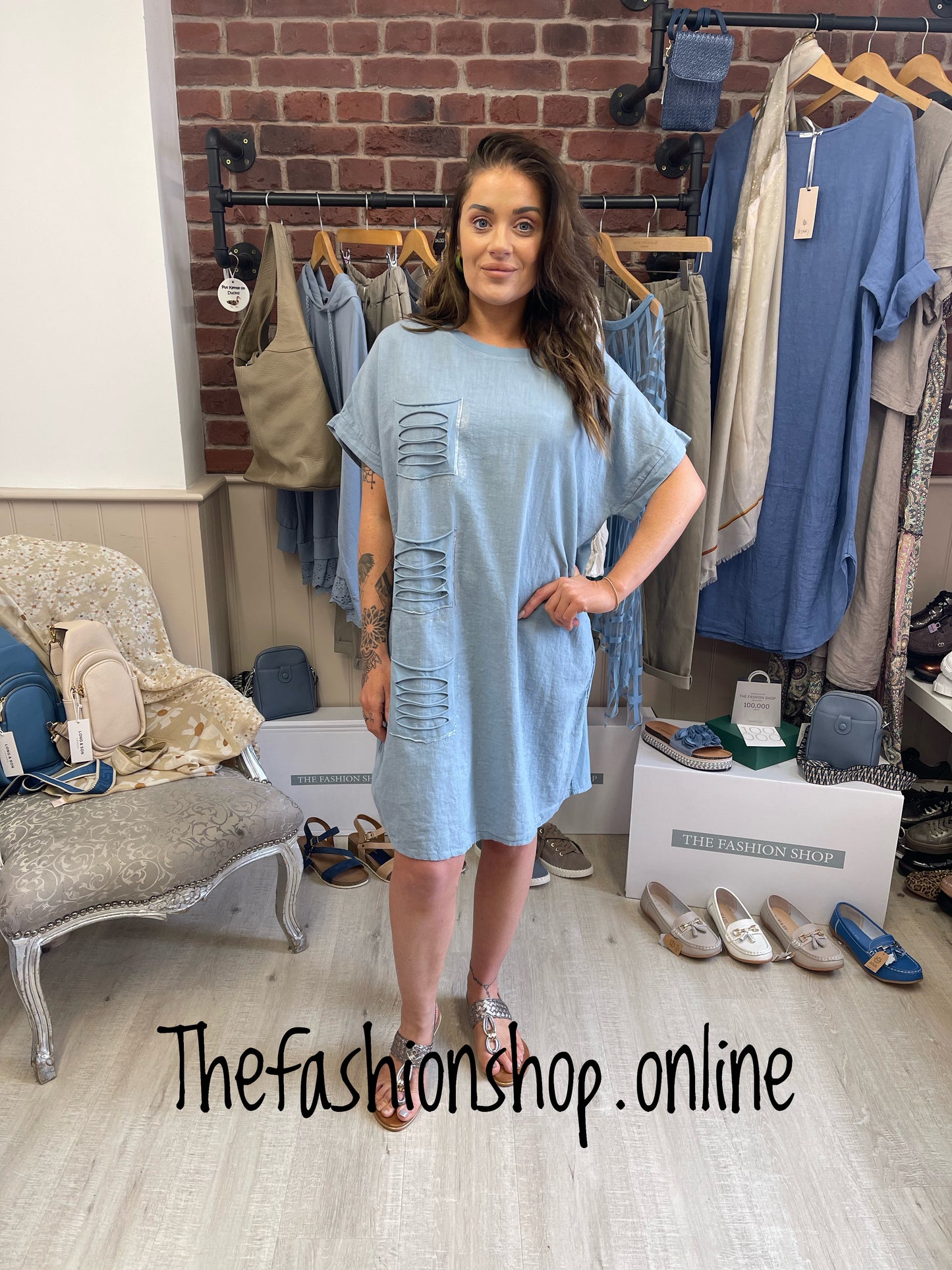 Denim blue linen mix metallic squares dress 8-14