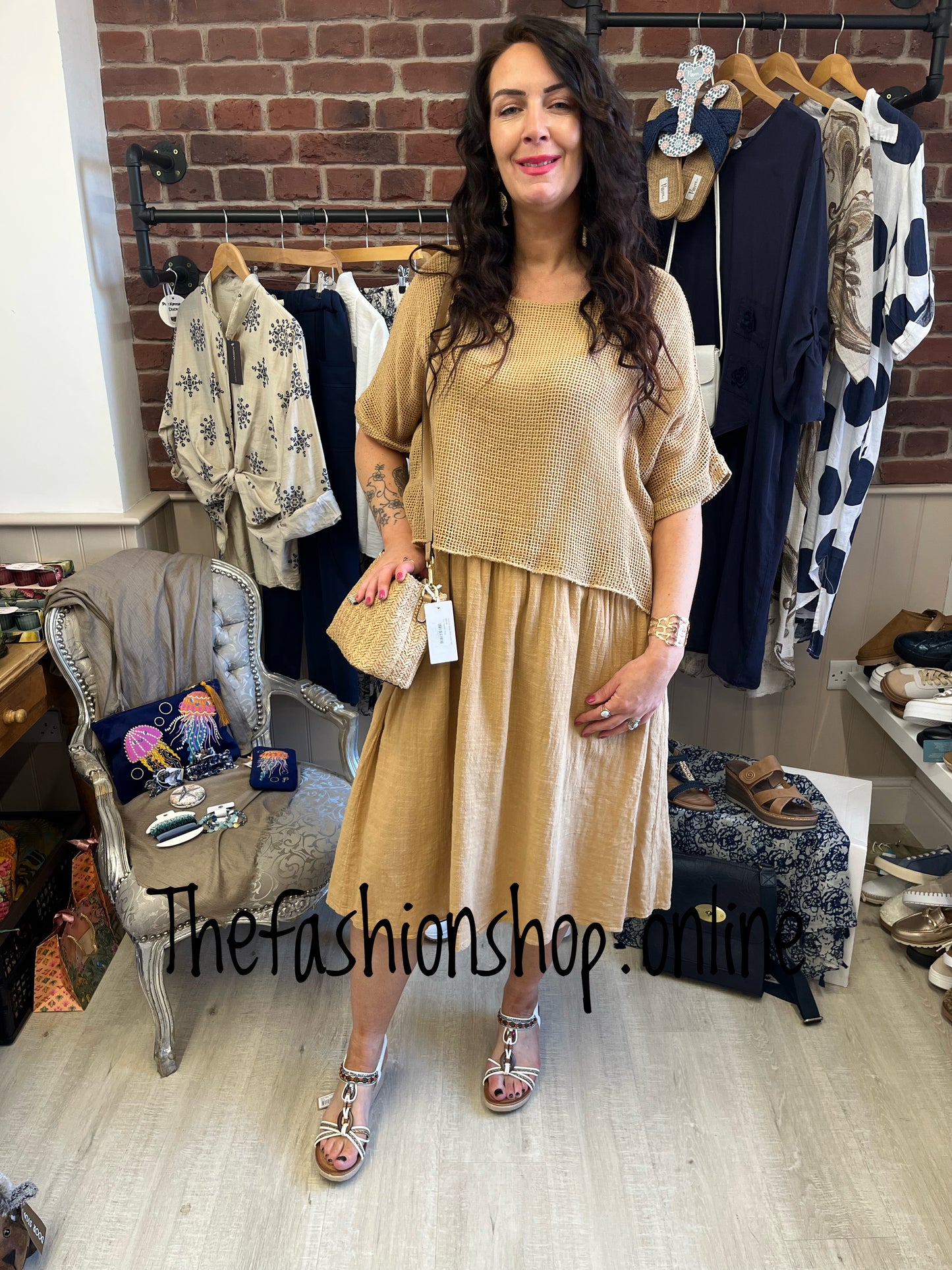 Leah camel dress with mesh overlay 8-18