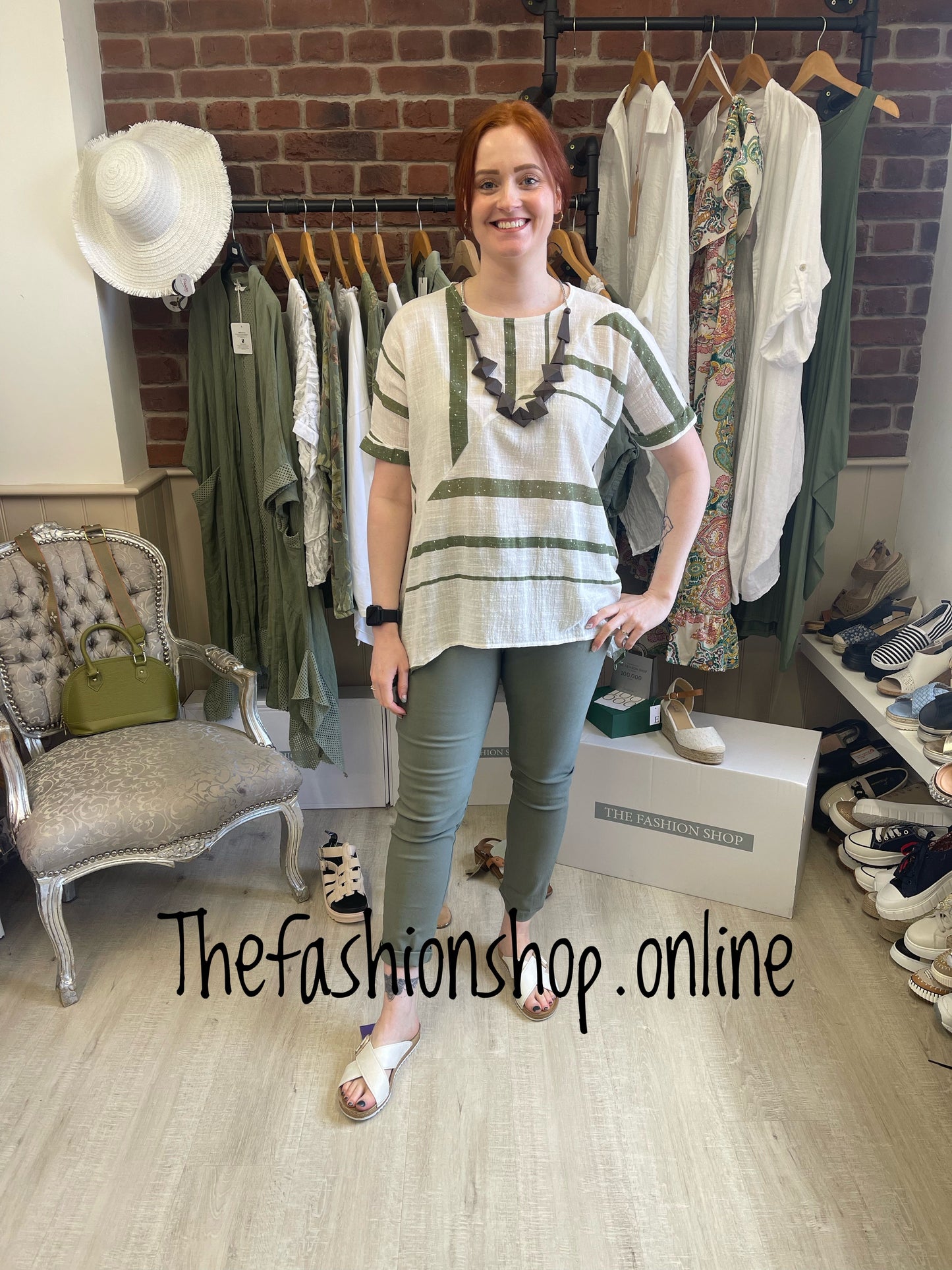 Saloos diagonal seam green cotton top with necklace sizes 10-22