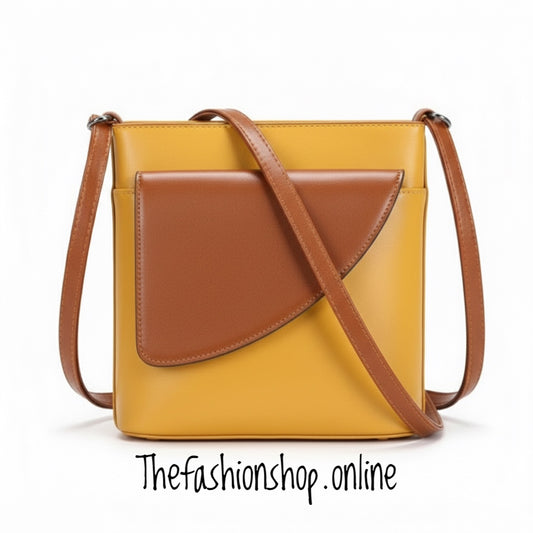 Ladies Binocular Cross Body Bag in Yellow and Tan