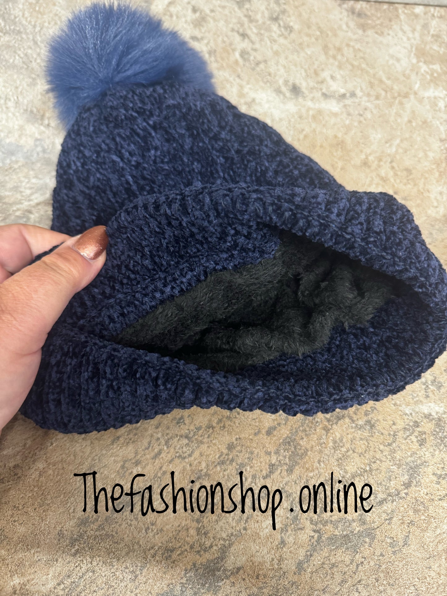 Navy chenille fleece lined pompom hat