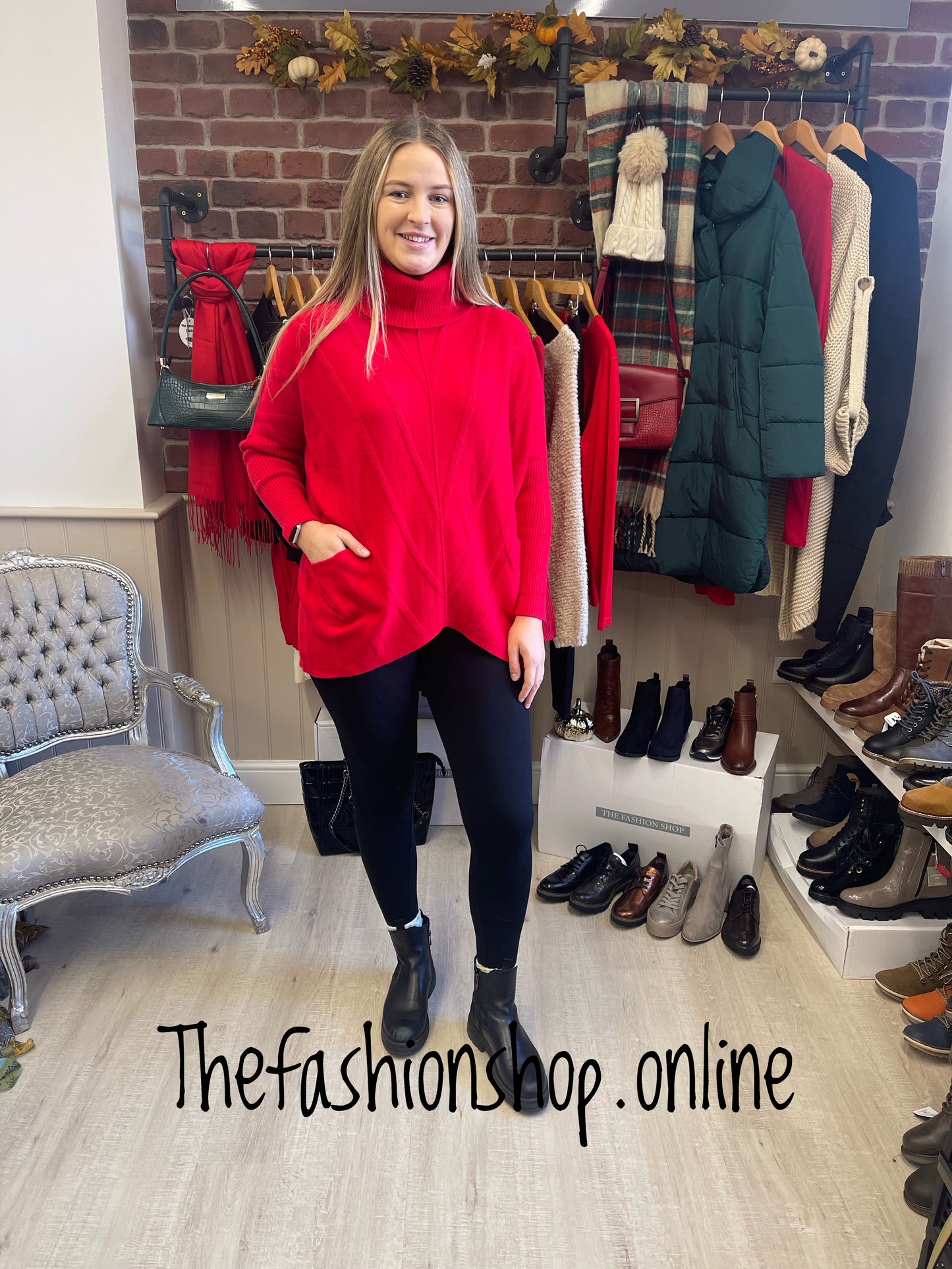 Red plait detail roll neck jumper 10-18