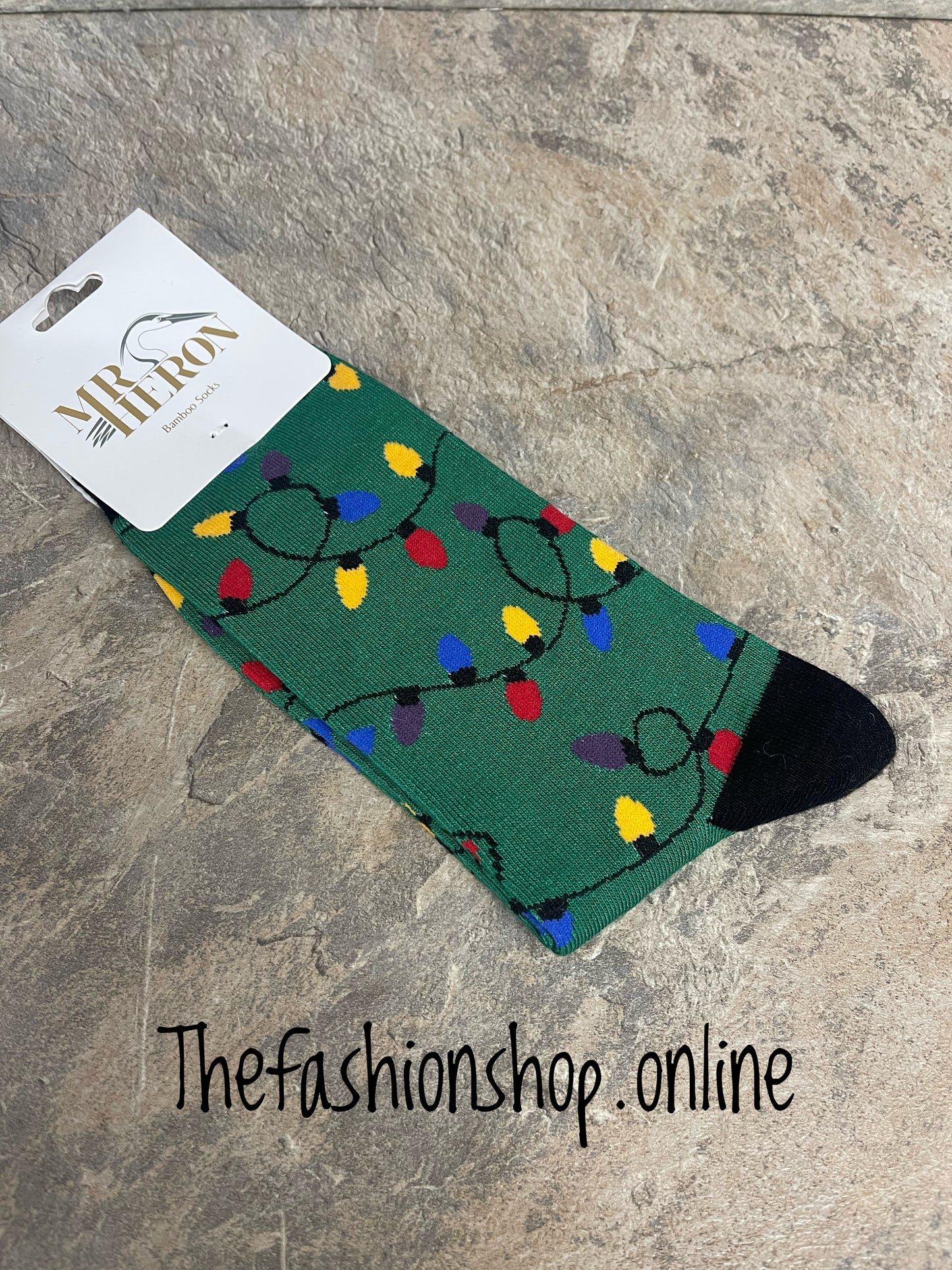 Mr Heron men's green festive lights bamboo socks 7-11