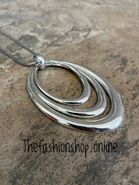 Silver large oval pendant necklace