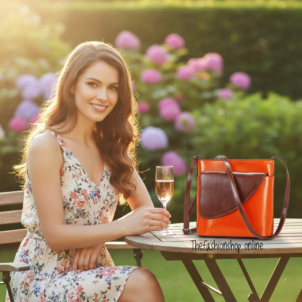 Ladies Binocular Cross Body Bag in Orange and Tan