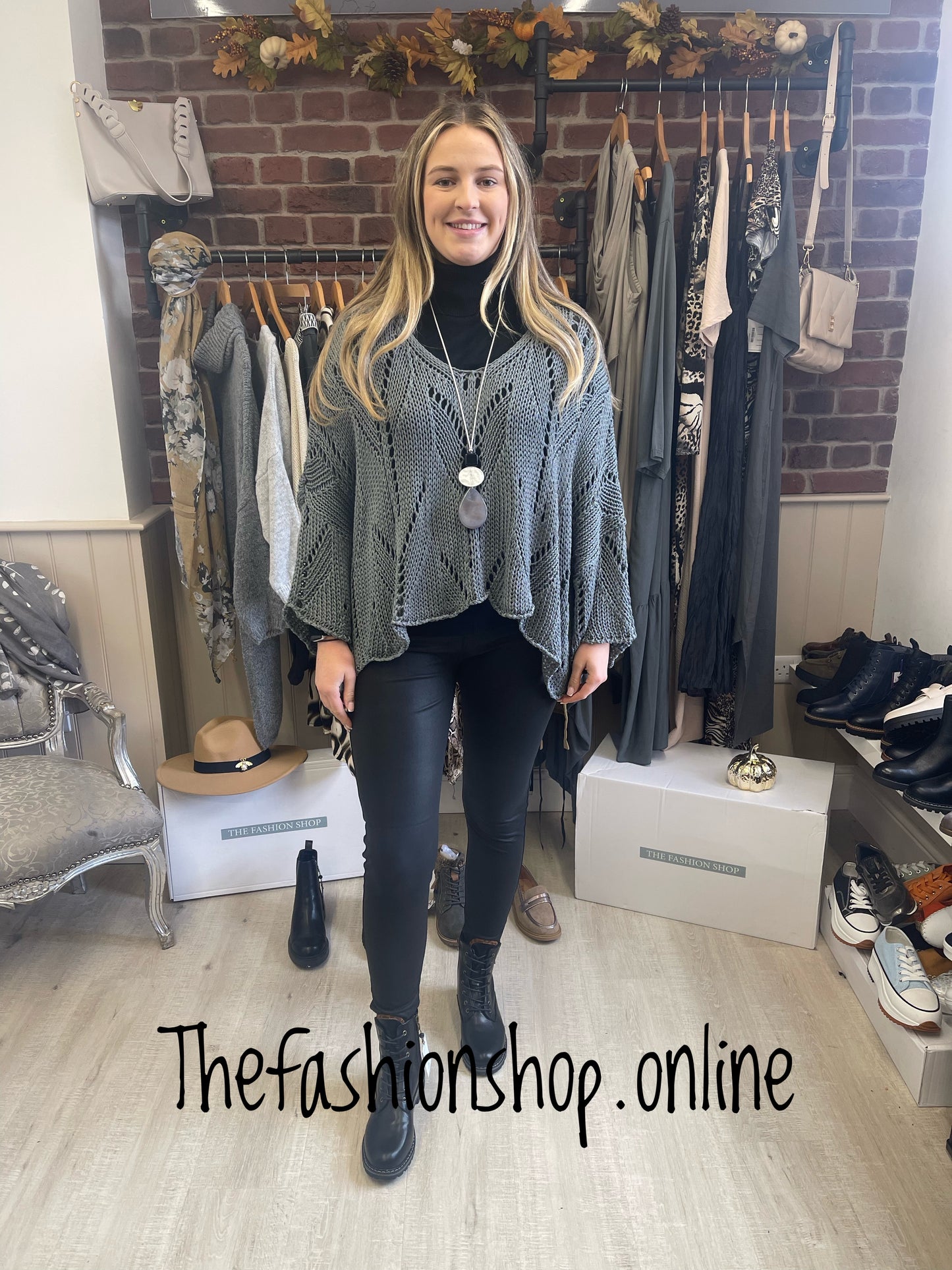 Charcoal open knit dipped hem top 10-22