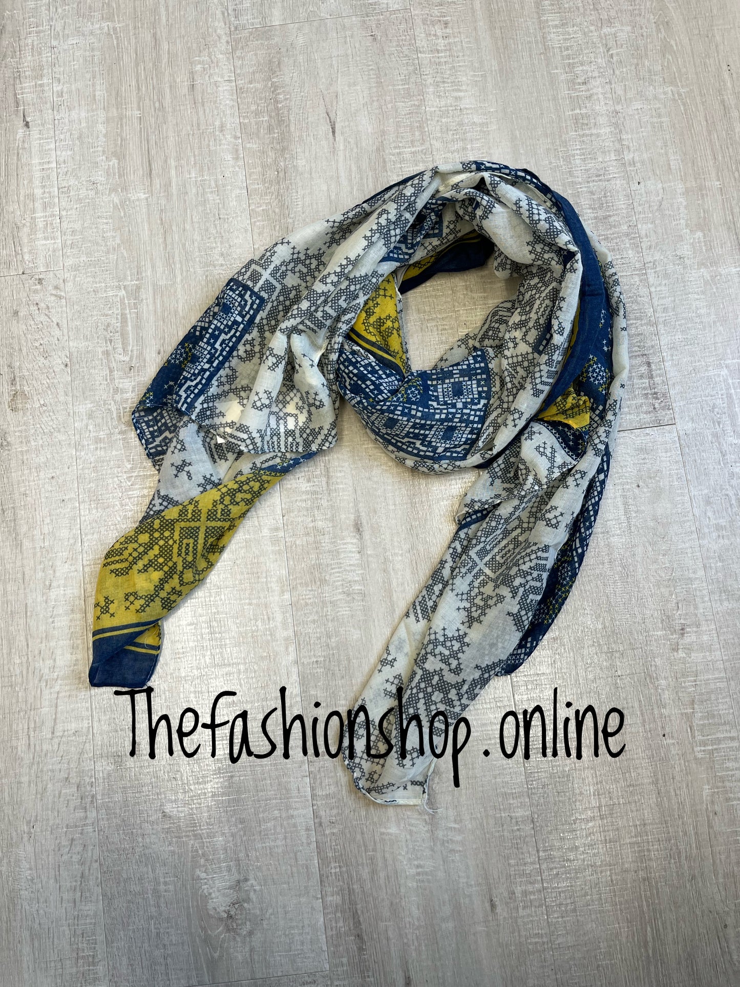 Mustard and navy Aztec print scarf