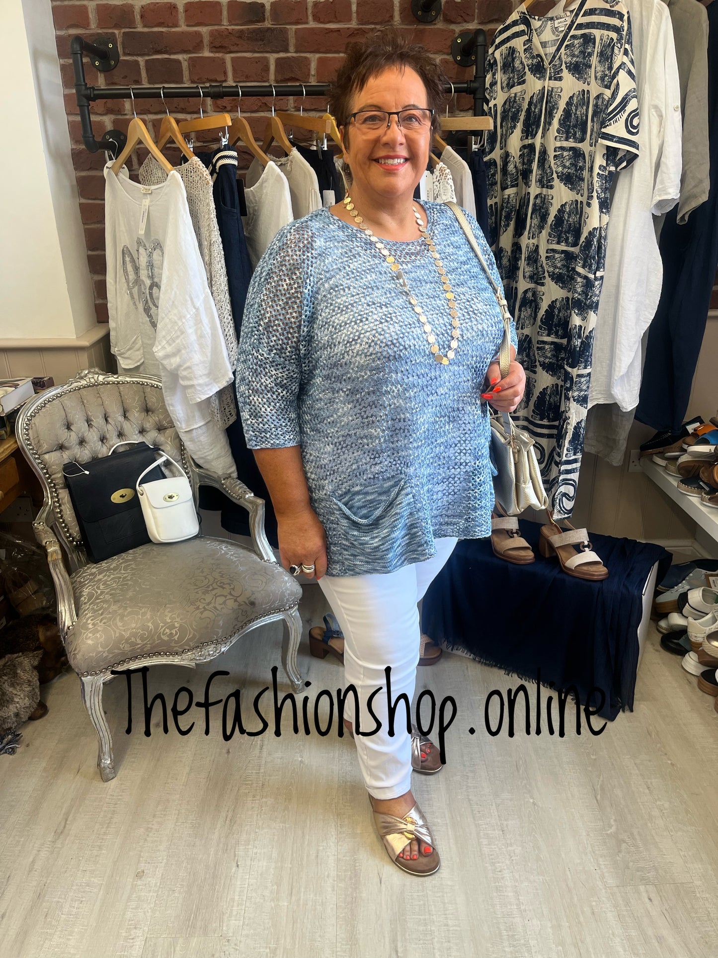 Saloos denim blue crochet summer jumper sizes 12-18