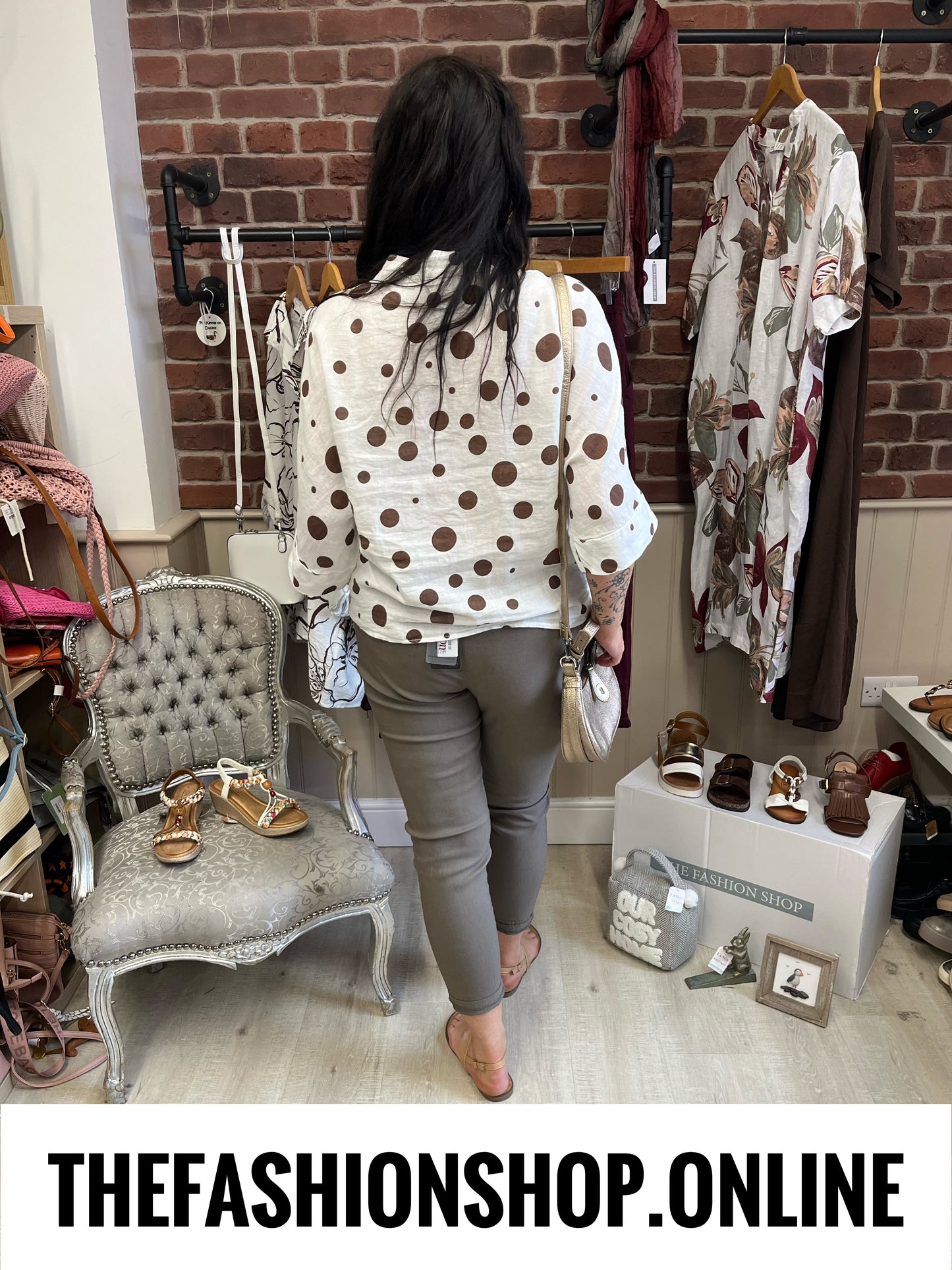 Melinda white and brown spot linen top 10-14