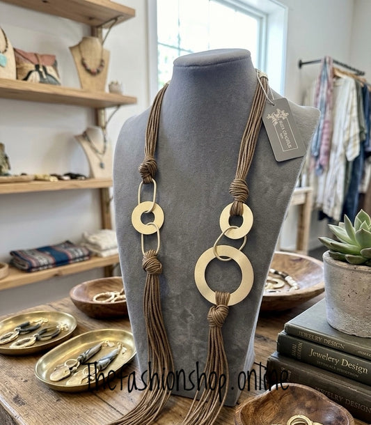 Eliza Statement Long Necklace in Antique Gold and Camel