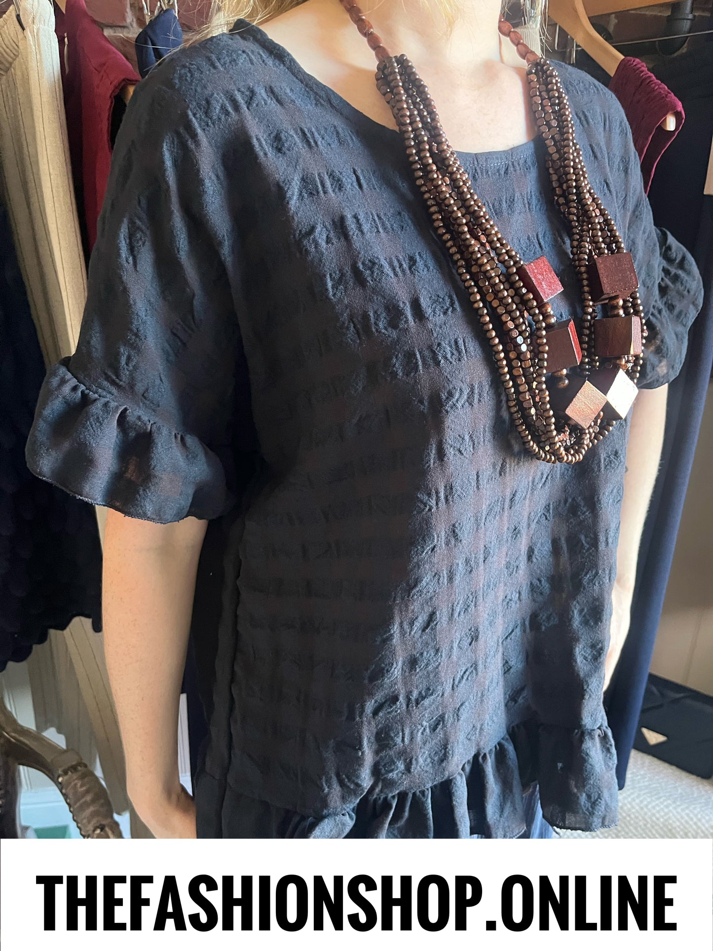 Vivian navy gingham frill hem top 10-18
