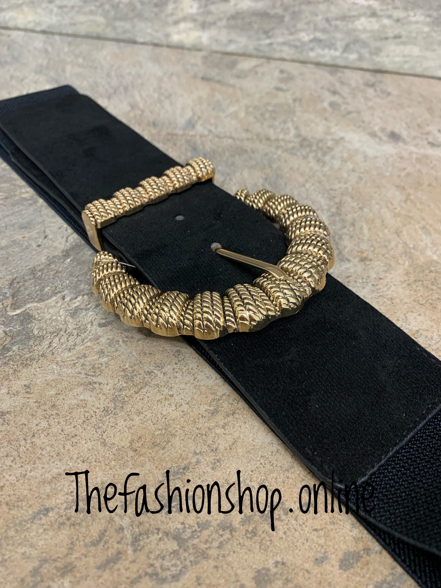 Black faux suede gold buckle belt