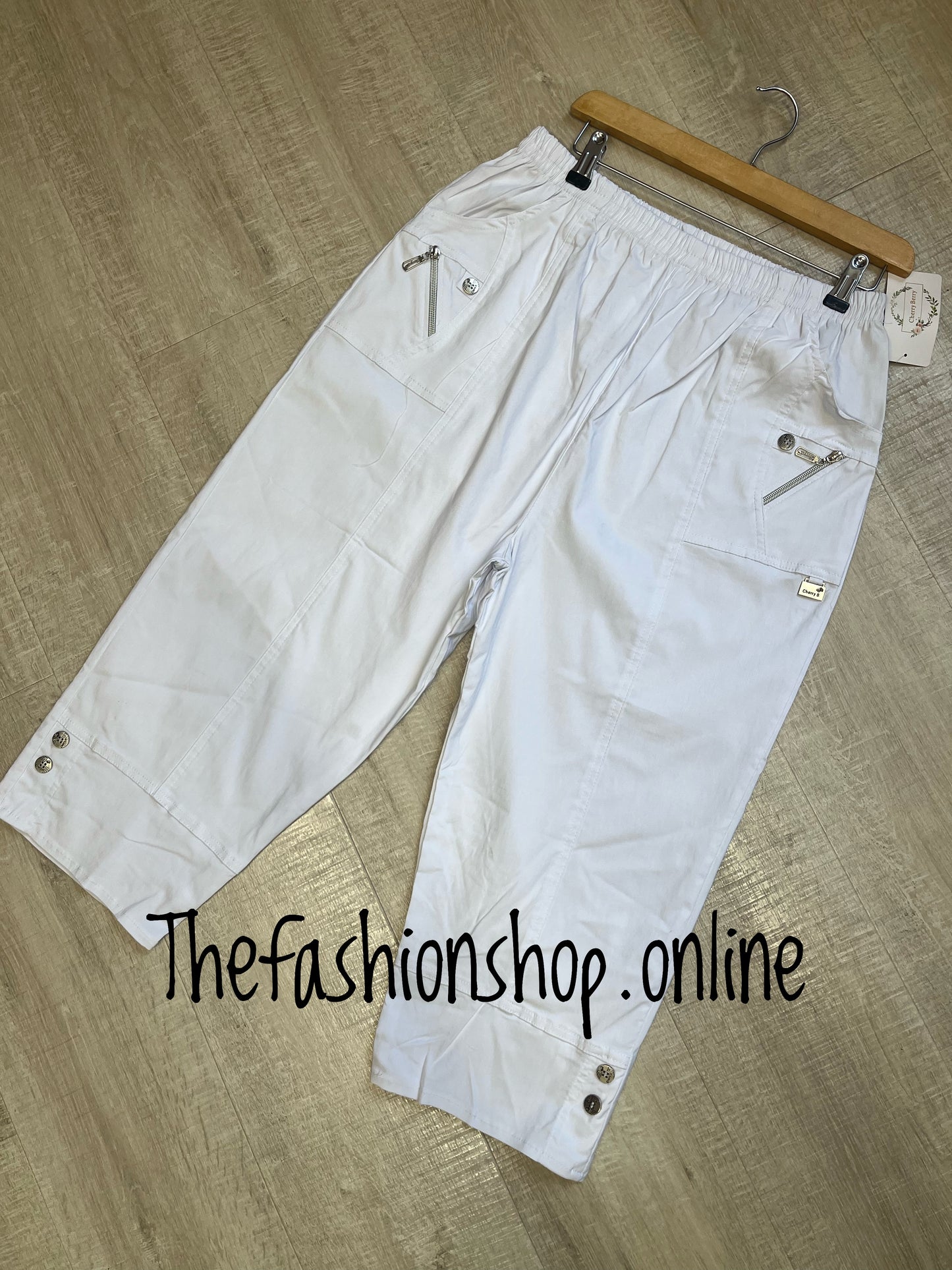 Cherry Berry white stretchy button detail cropped trousers sizes 10-24