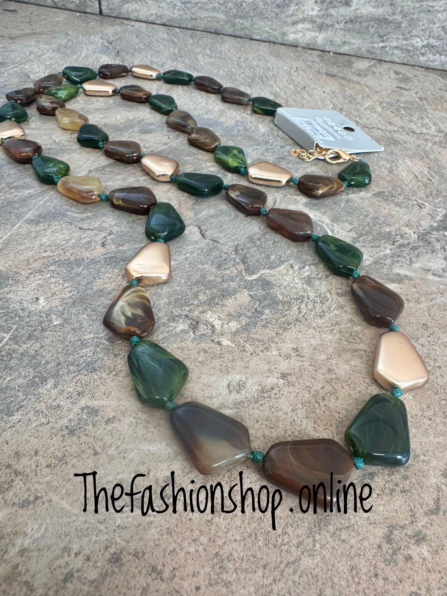 Tasmin Green Camel, Browns and Gold Pebble Necklace