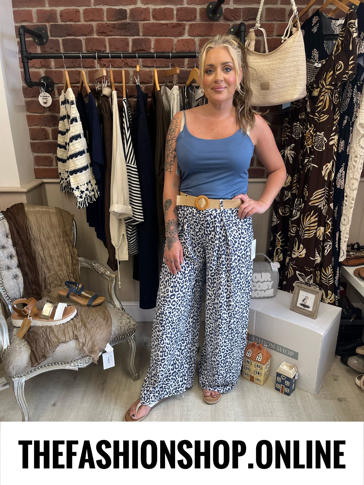 Alana navy leopard print trousers with belt 10-16