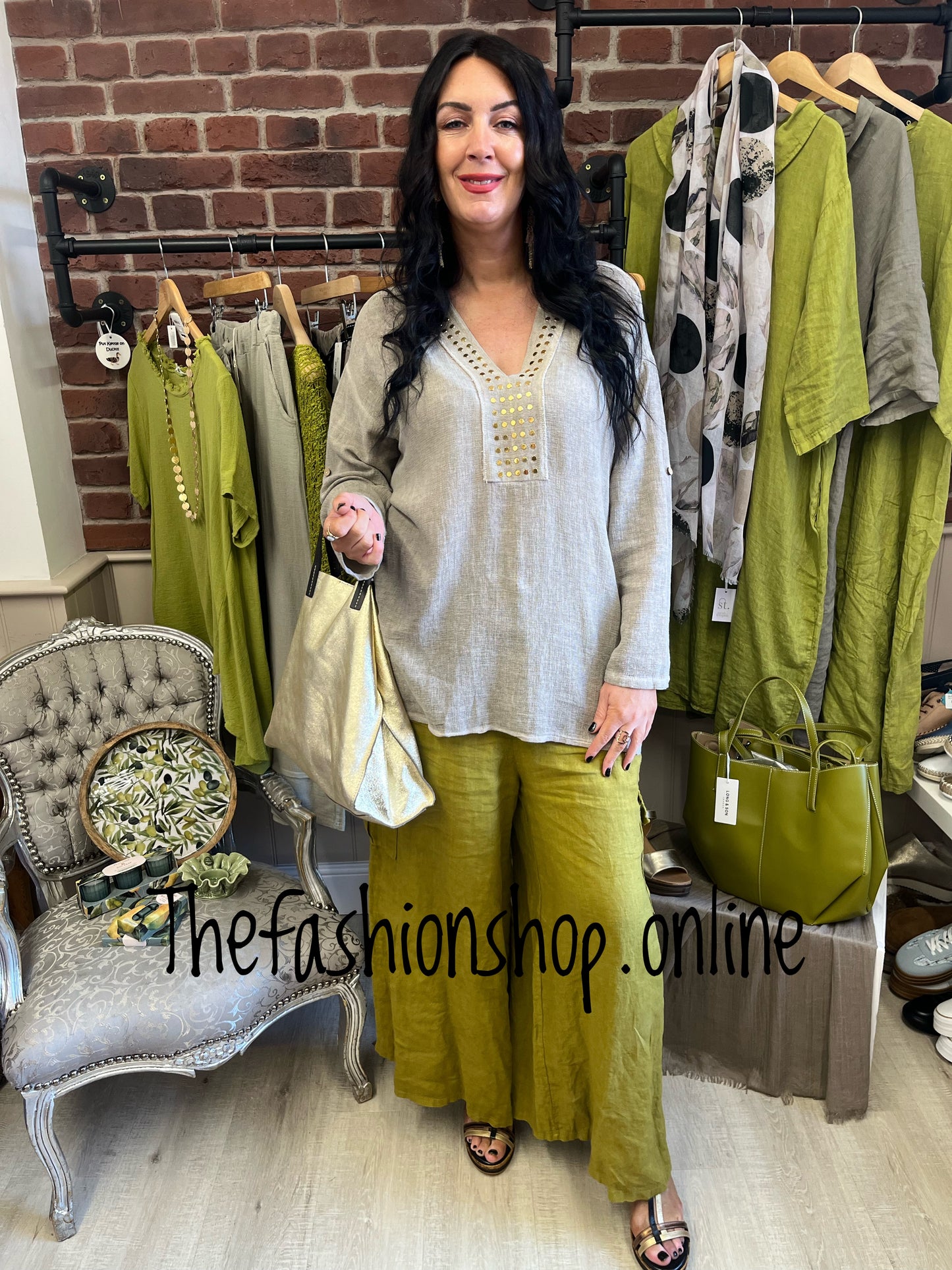Zoe mocha linen mix studded top 12-20