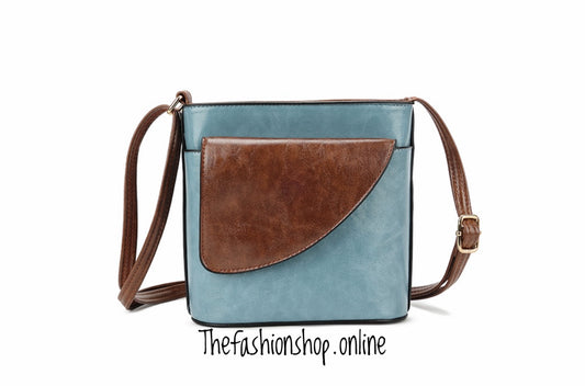 Ladies Binocular Cross Body Bag in Blue and Tan