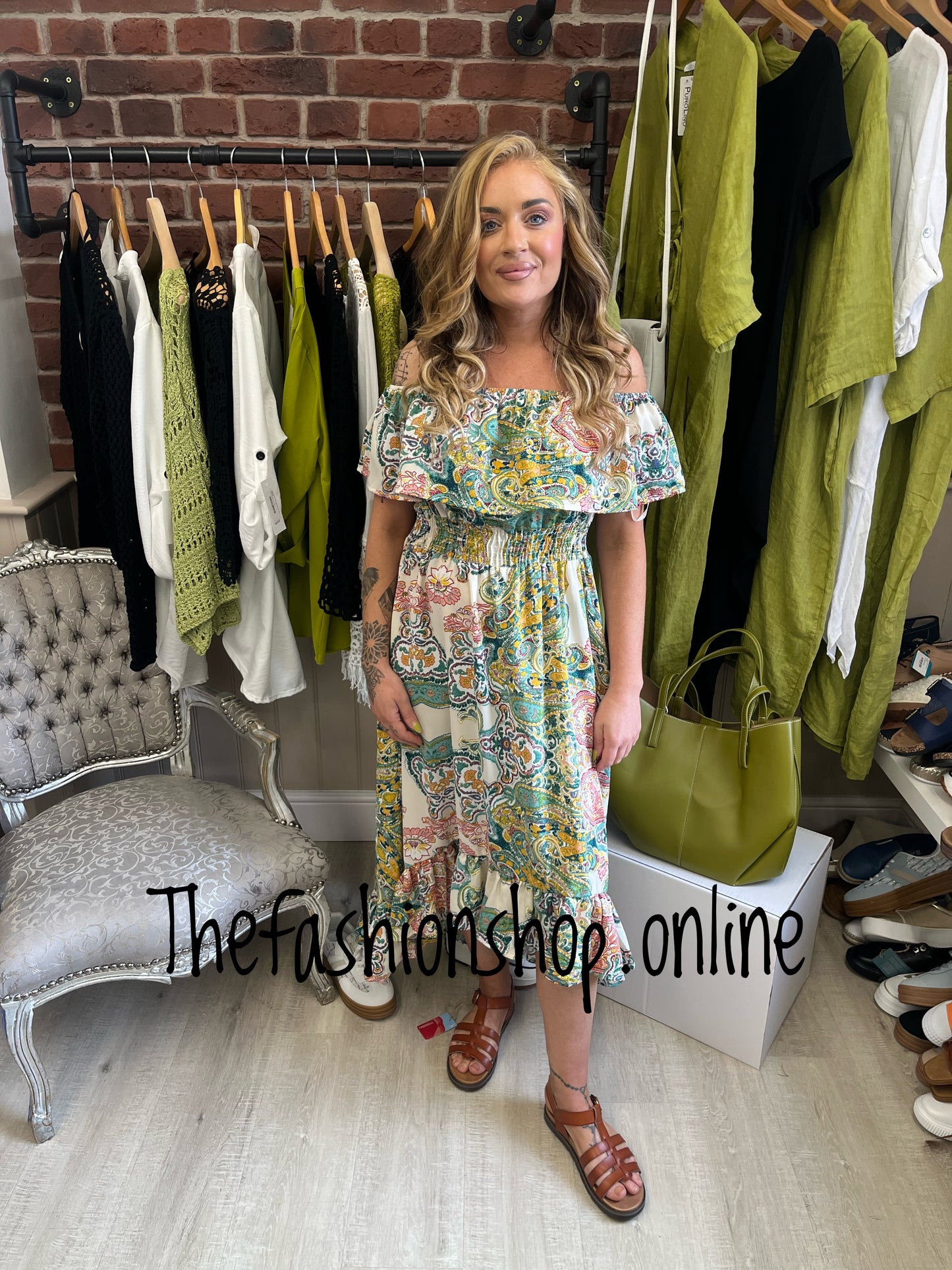 AX Paris green paisley printed bardot midi dress sizes 8-18