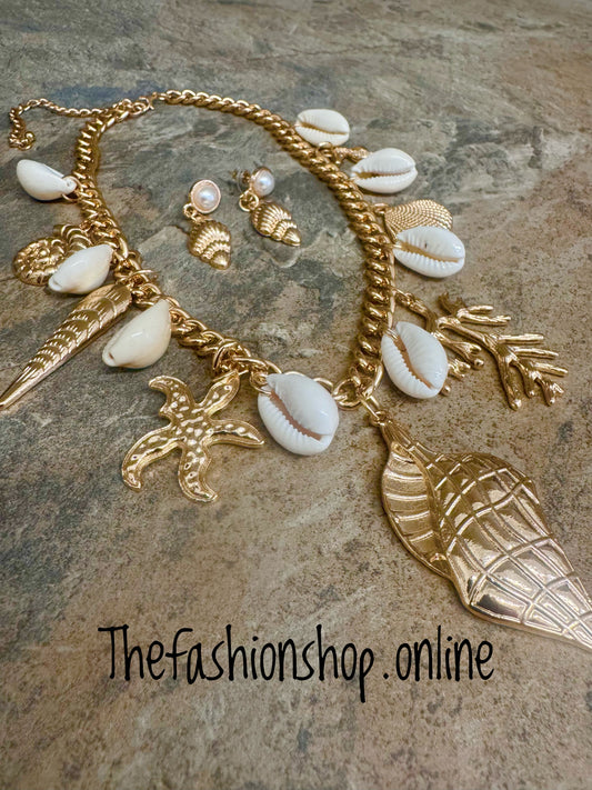 Coral Reef and Seashell statement necklace and earrings set