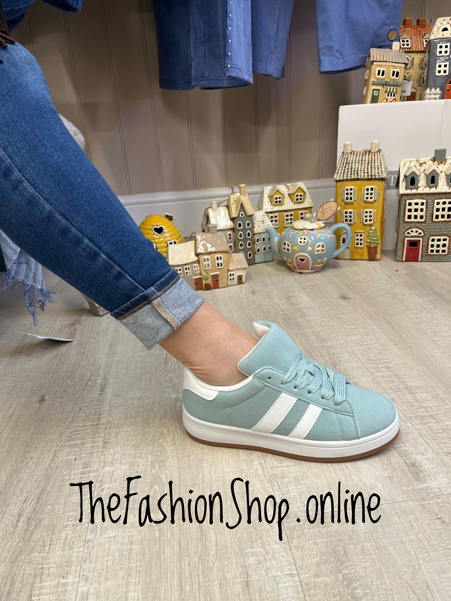Elsie green twin stripe faux suede trainers sizes 3-8 (36-41)