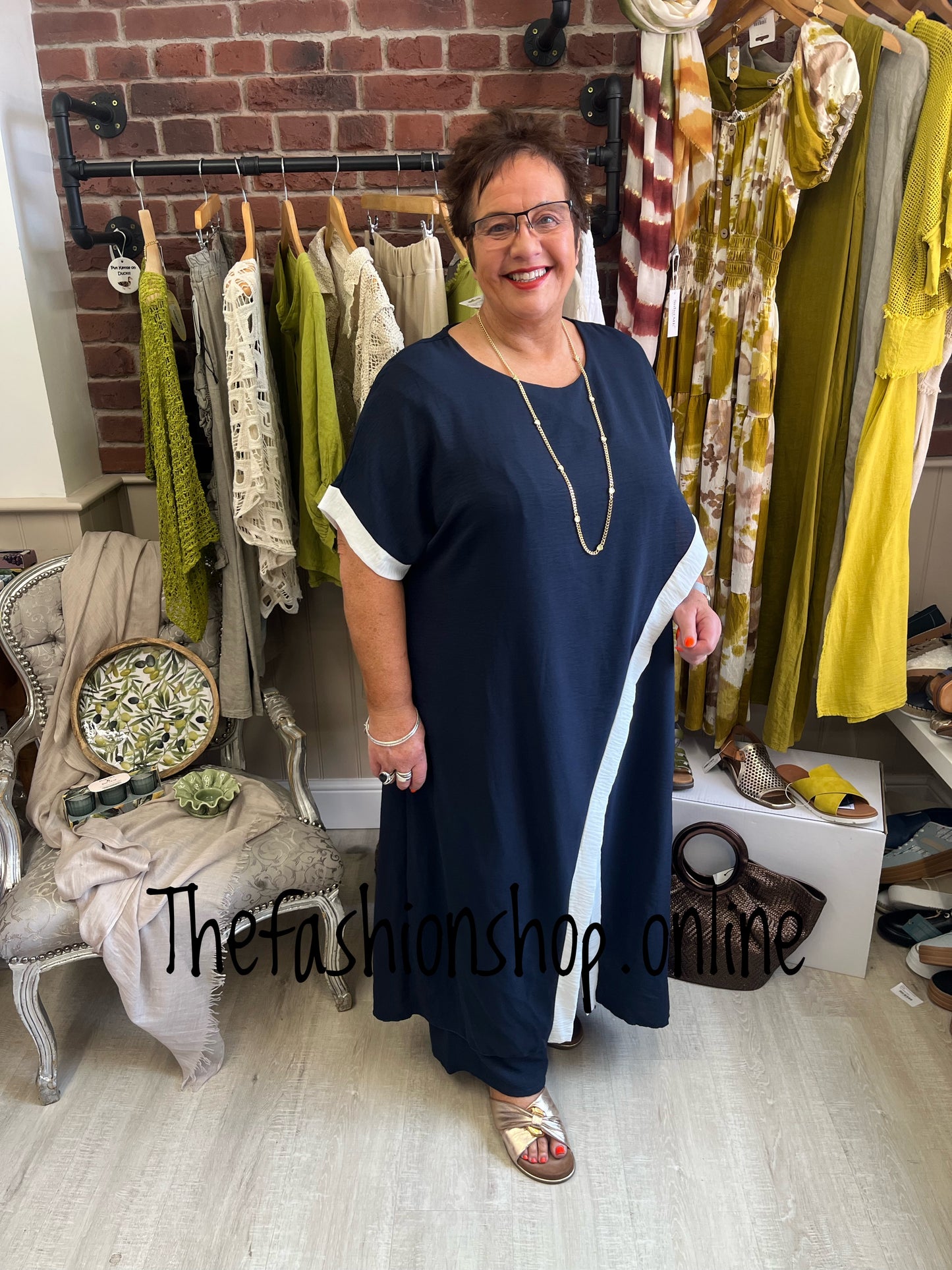 Zara navy and cream drape trouser set 16-22