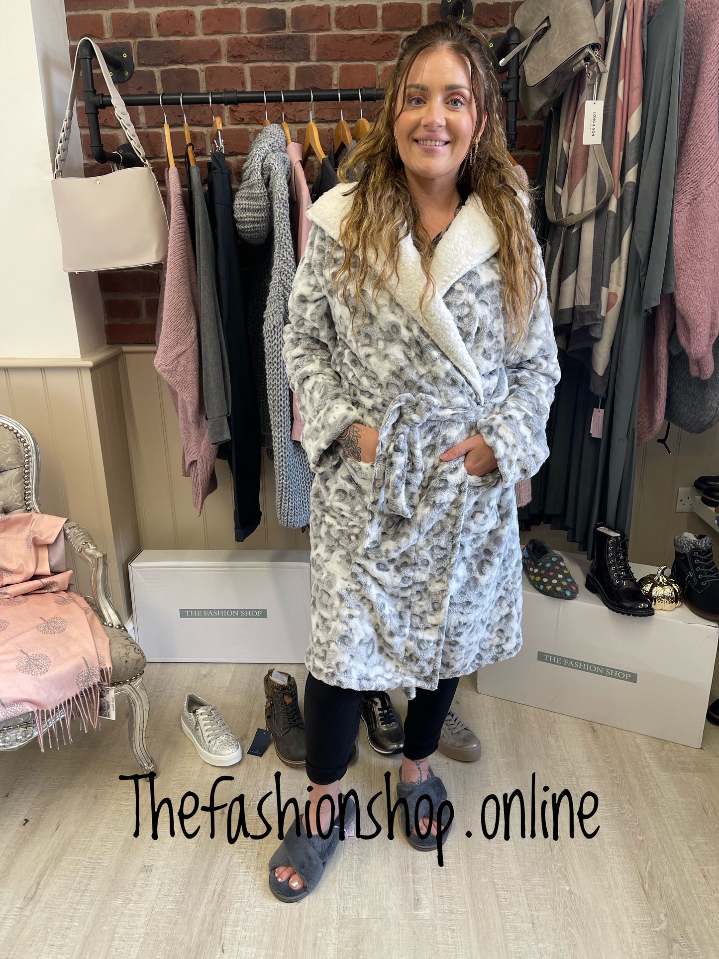 Grey leopard print soft dressing gown