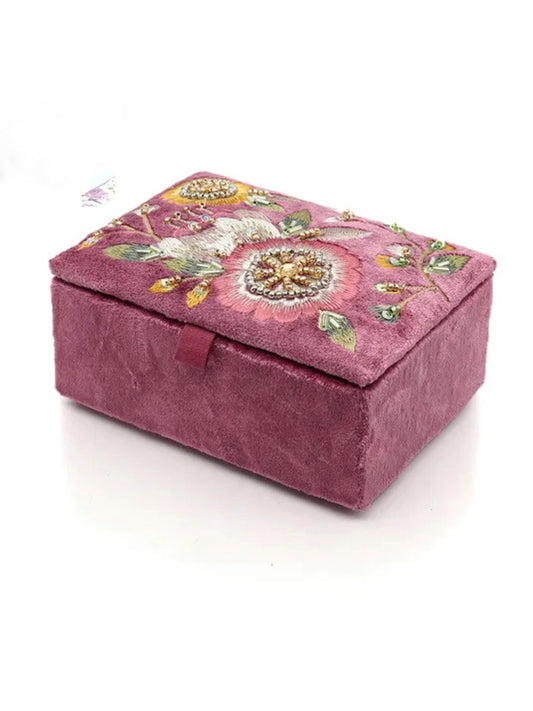 Pom Blush Pink Velvet Small Jewellery Box With Vintage Style Embroidery
