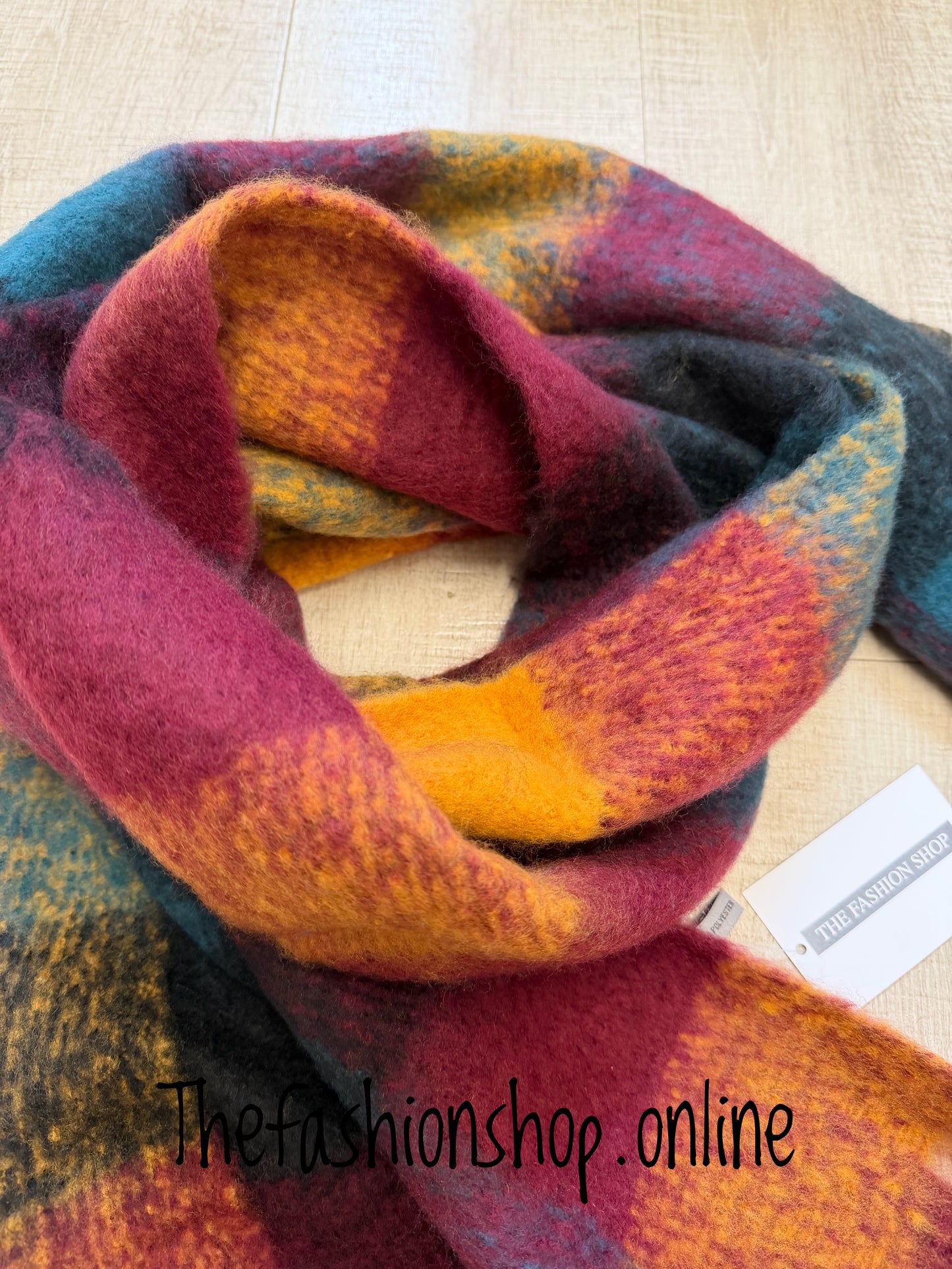 Premium Tartan Scarf in wine, teal, mustard and black.