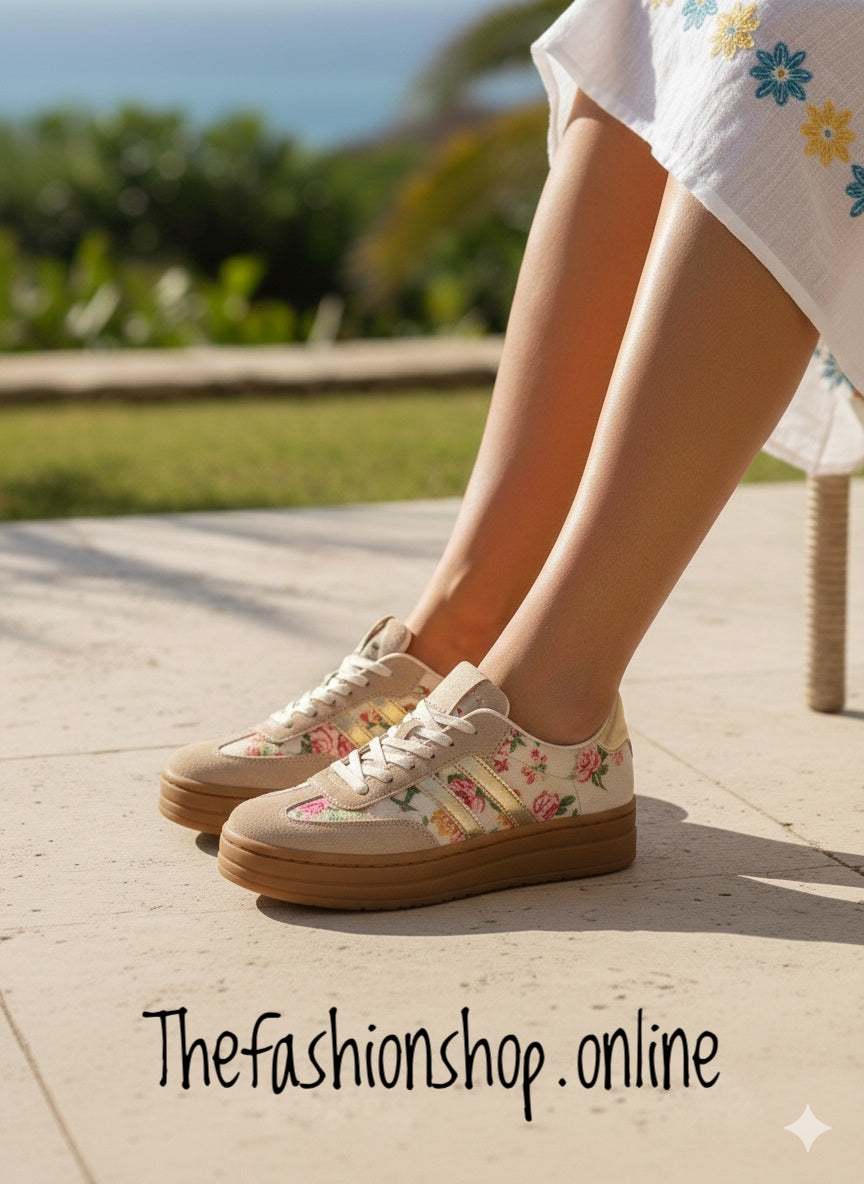 Sadie gold floral embroidered trainers sizes 3-8 (36-41)