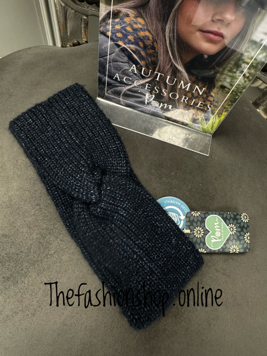 Pom navy yarn twist headband