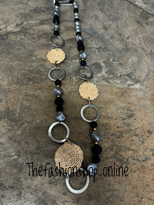 Black grey pearl and wicker statement necklace