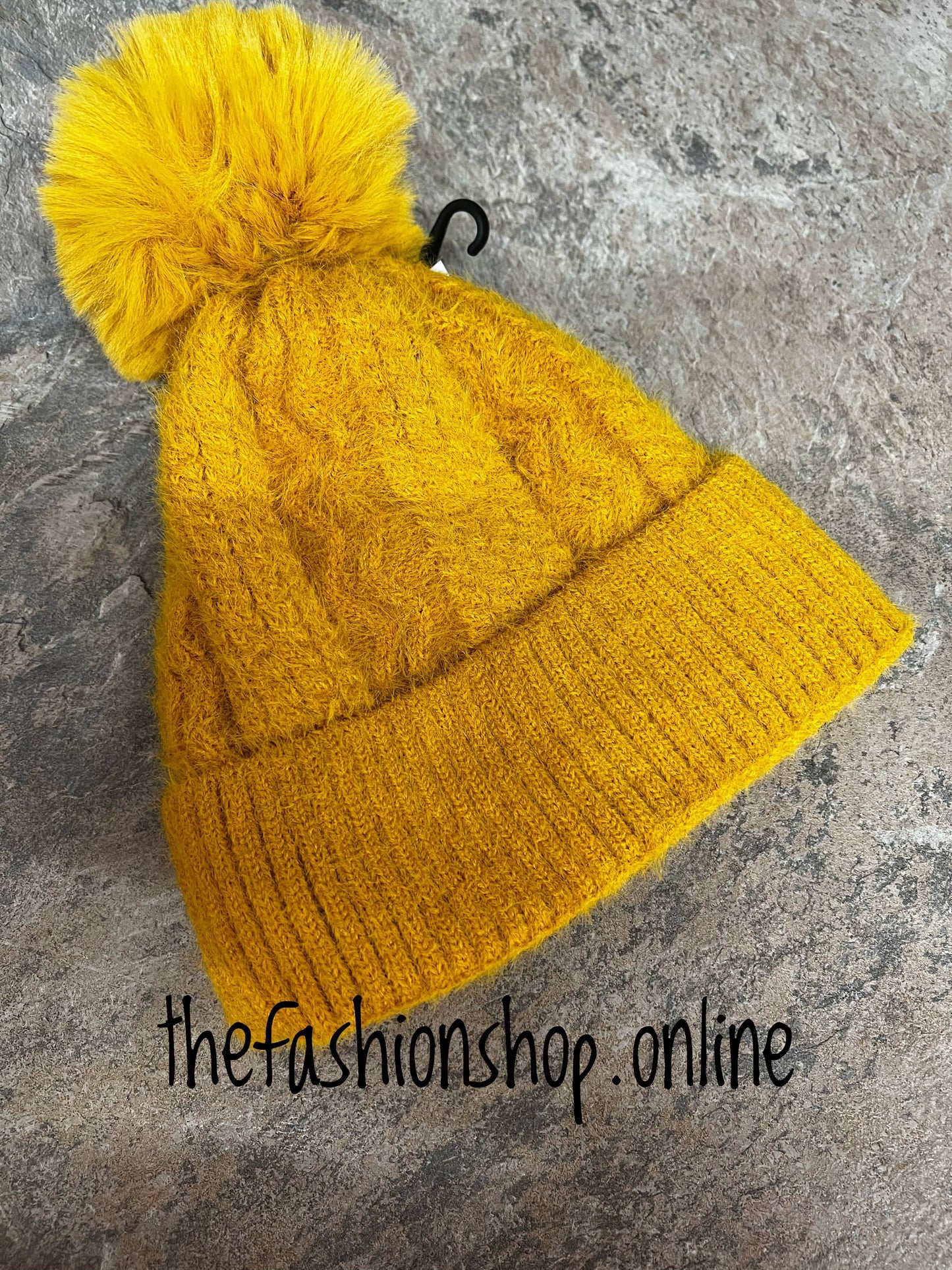 Mustard cable knit pompom hat no