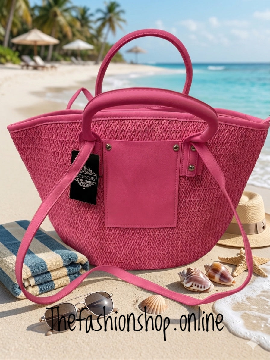 Beach Woven Tote Bag In Hot Pink