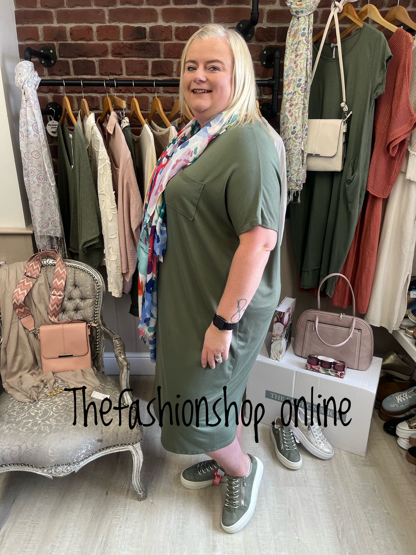 Khaki midi dress up dress down dress 16-26