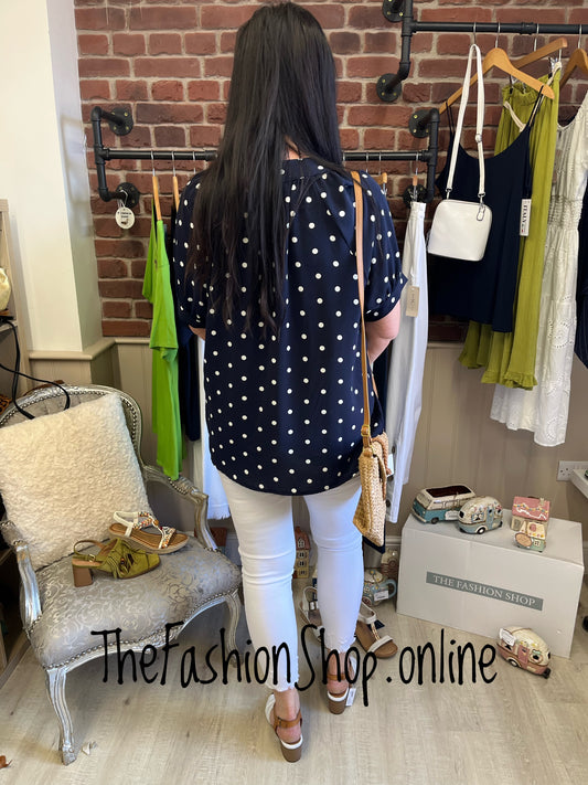 Natalie navy and white spot button blouse 12-16