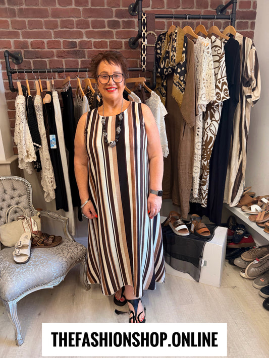 Sofia brown black and cream striped A-line dress 12-18