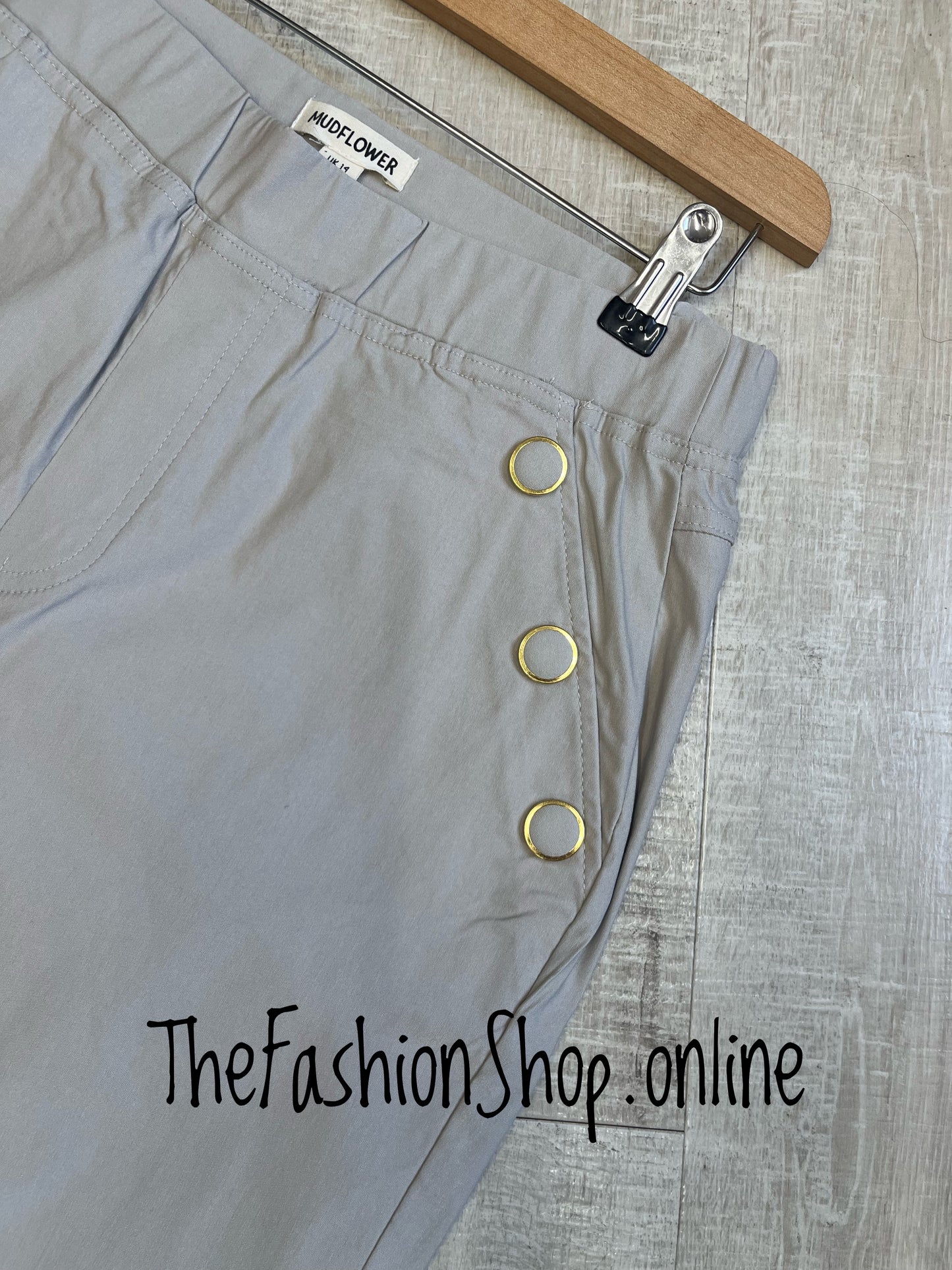 Kelsey beige cropped button trousers sizes 10-18