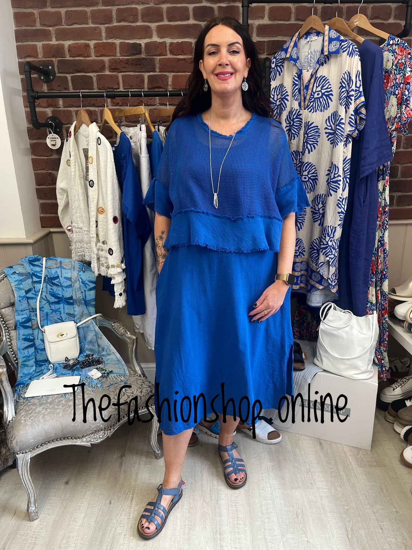 Mia royal blue cotton dress with mesh overlay 8-18