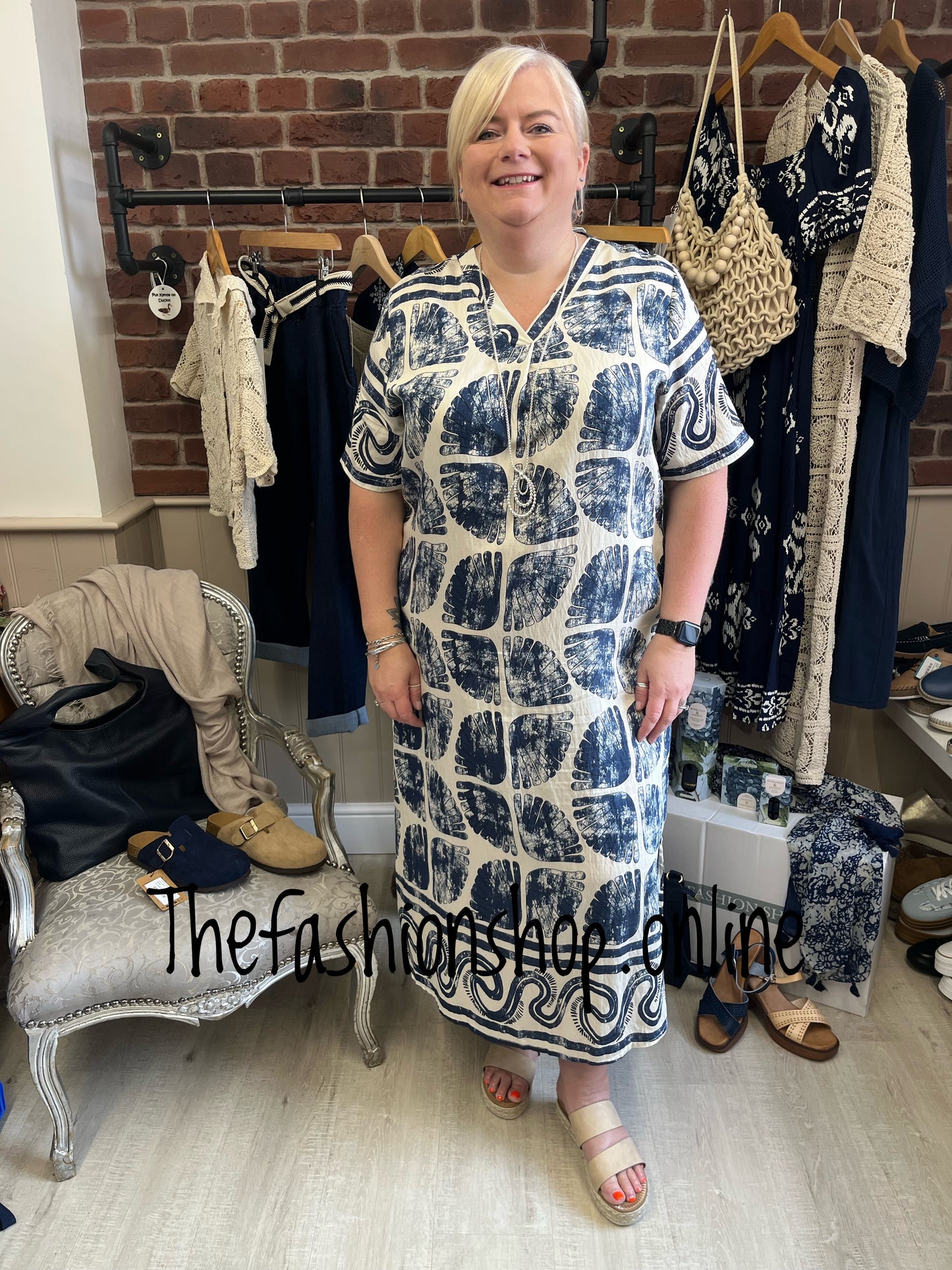 Carla navy and cream print tunic dress 12-18