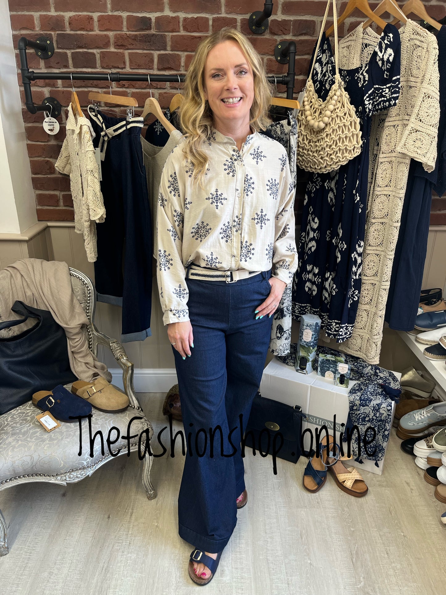 Paige beige with navy tie front shirt 10-16