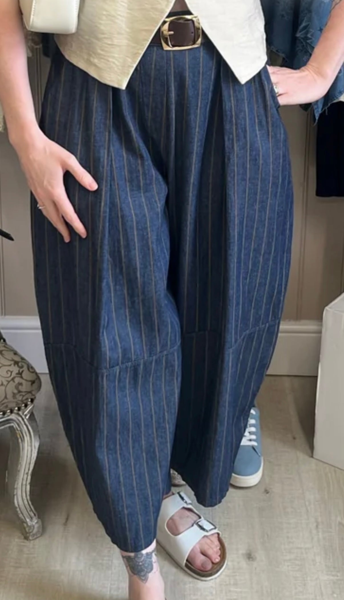 Jayda navy pinstriped barrel leg trousers 8-14