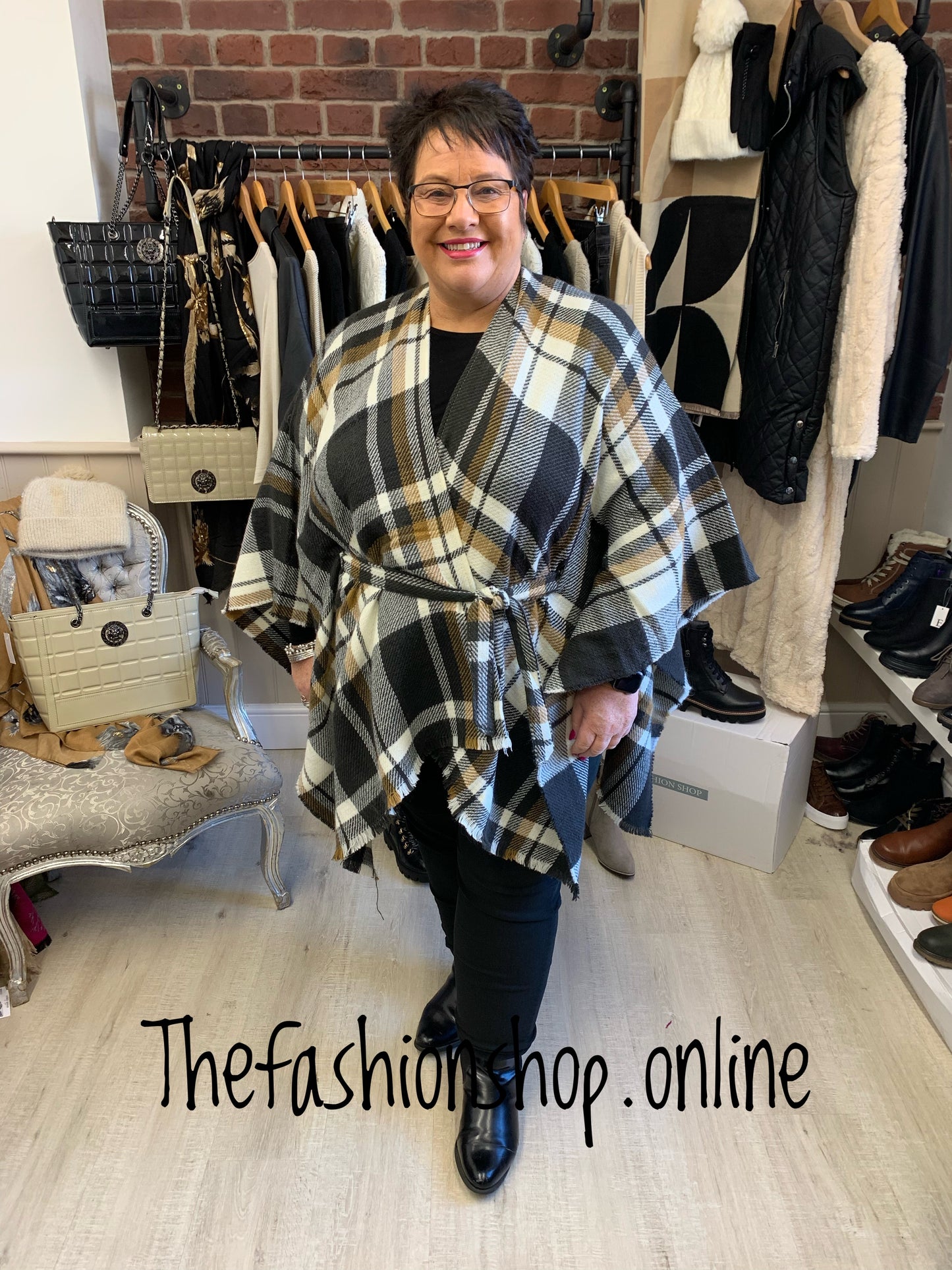 Camel and black belted poncho - free size