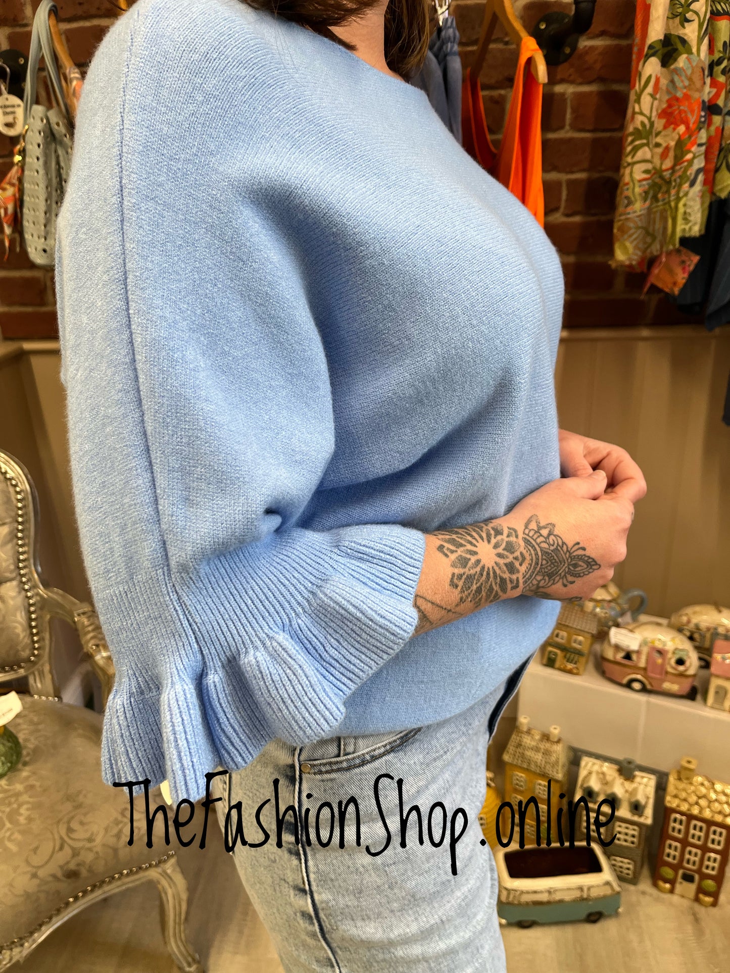Tess blue jumper with frill sleeve 8-14