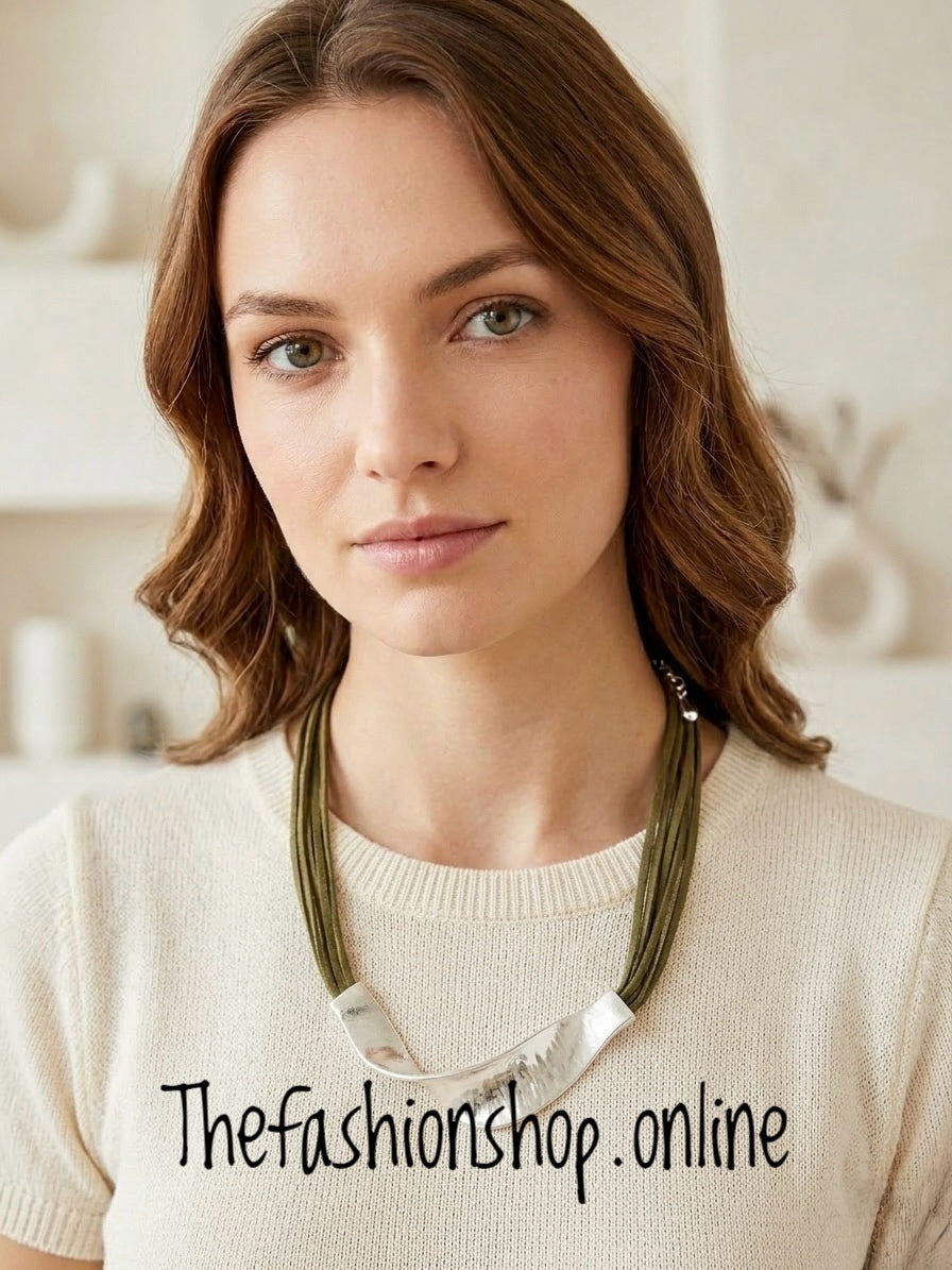 Twist Statement Necklace in Silver with Khaki Cord