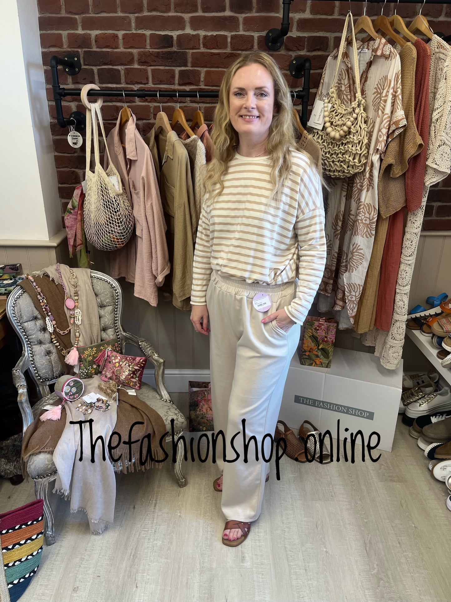 Yvette camel and beige striped top 10-16