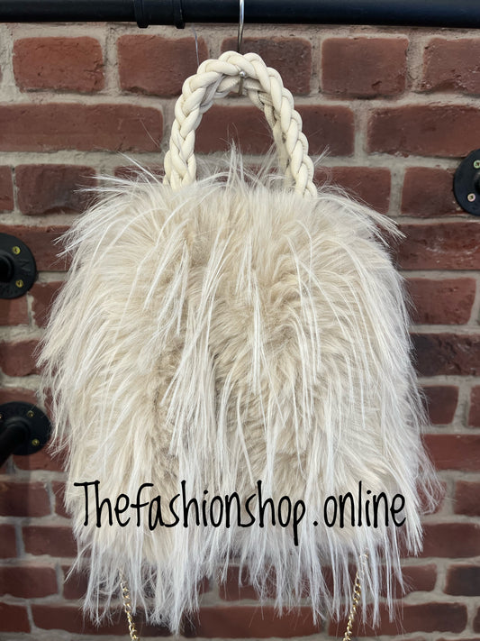 Beige faux fur shaggy tote bag
